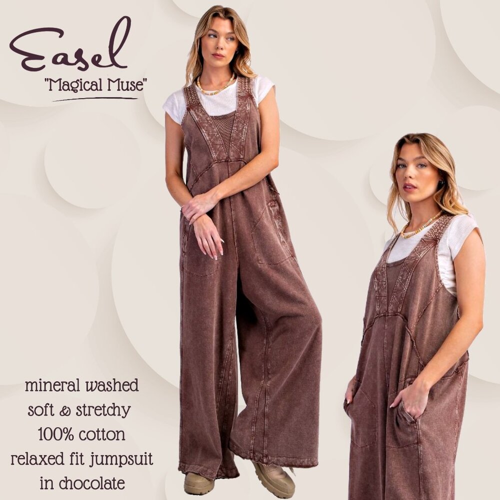EASEL "Magical Muse" Mineral Washed Soft Terry Knit Wide Leg Loose Fit Jumpsuit